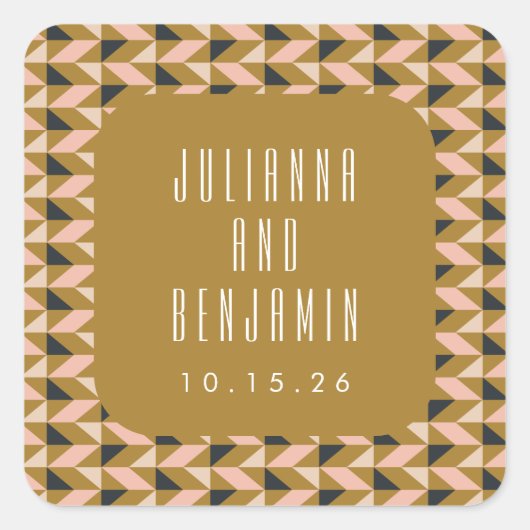 Retro Art Deco Zwart Blush Goud Huwelijk Custom Vierkante Sticker (Voorkant)