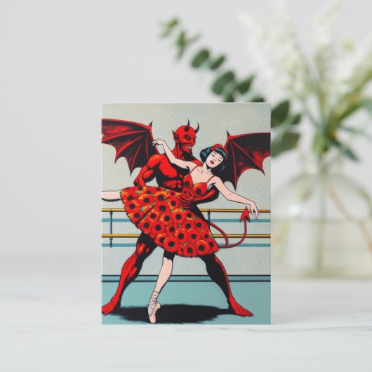 Retro Art Devil Met ballerina in een Poppy Dress Briefkaart (Staand voorkant)