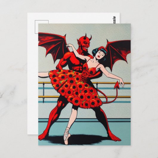 Retro Art Devil Met ballerina in een Poppy Dress Briefkaart (Voorkant / Achterkant)
