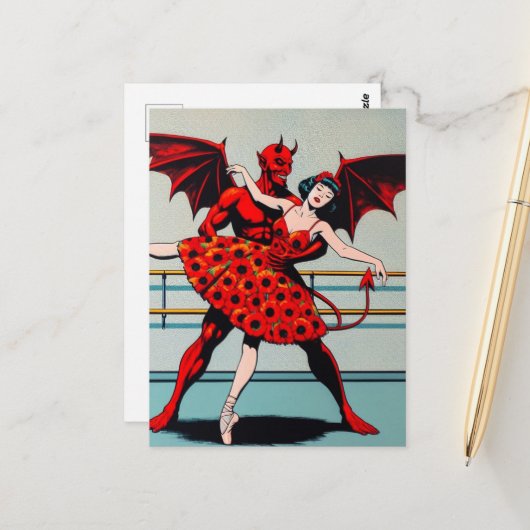 Retro Art Devil Met ballerina in een Poppy Dress Briefkaart (Voorkant / Achterkant in situ)