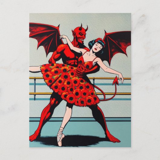 Retro Art Devil Met ballerina in een Poppy Dress Briefkaart (Voorkant)