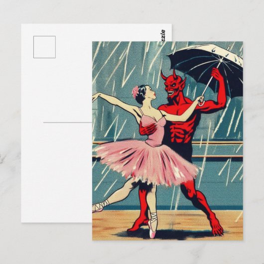 Retro Art Devil met balletdanser in de regen Briefkaart (Voorkant / Achterkant)