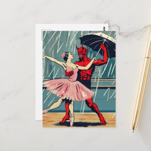 Retro Art Devil met balletdanser in de regen Briefkaart (Voorkant / Achterkant in situ)