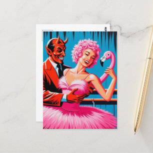 Retro Art Devil met balletdanser Pink Flamingo Briefkaart