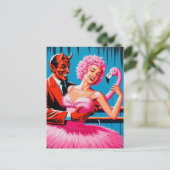 Retro Art Devil met balletdanser Pink Flamingo Briefkaart (Staand voorkant)