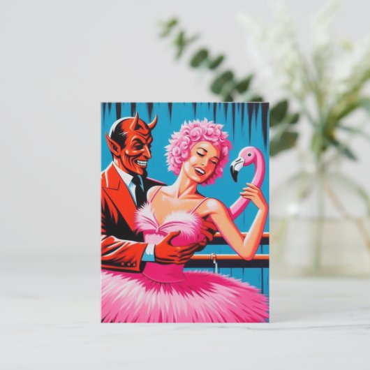 Retro Art Devil met balletdanser Pink Flamingo Briefkaart (Staand voorkant)
