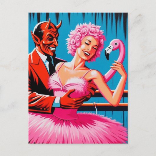 Retro Art Devil met balletdanser Pink Flamingo Briefkaart (Voorkant)