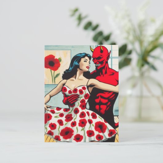 Retro Art Devil met balletdanser Poppy Jurk Briefkaart (Staand voorkant)