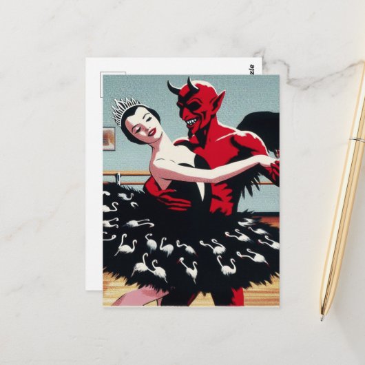 Retro Art Devil met balletdanseres Zwanenjurk Briefkaart (Voorkant / Achterkant in situ)