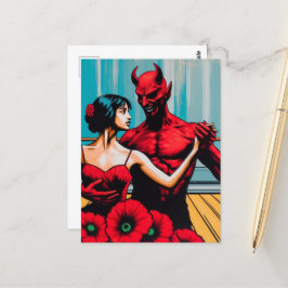Retro Art Devil Met Danser In Een Rode Poppy Jurk Briefkaart