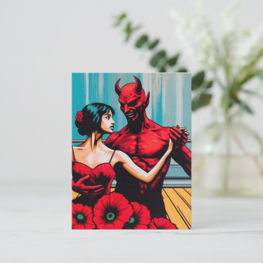 Retro Art Devil Met Danser In Een Rode Poppy Jurk Briefkaart (Staand voorkant)