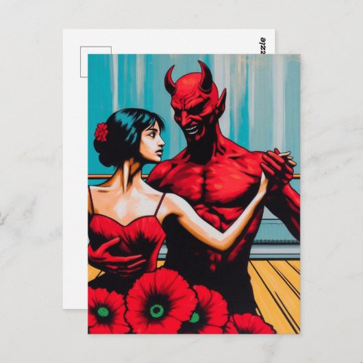 Retro Art Devil Met Danser In Een Rode Poppy Jurk Briefkaart (Voorkant / Achterkant)