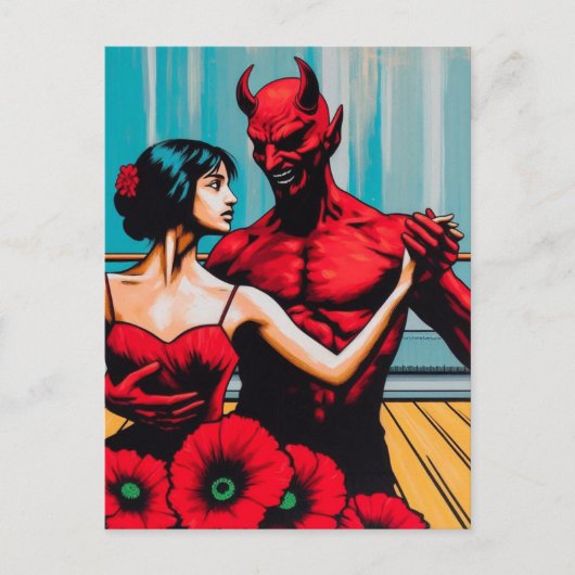 Retro Art Devil Met Danser In Een Rode Poppy Jurk Briefkaart (Voorkant)