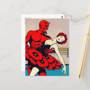 Retro Art Devil Met Danser In Een Rode Poppy Jurk Briefkaart