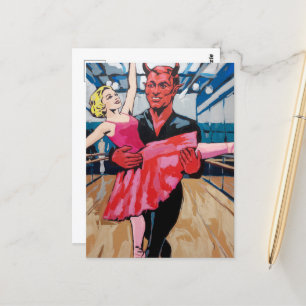 Retro Art Devil met danser in een rode roze jurk Briefkaart