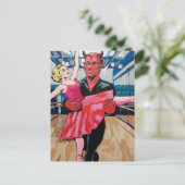 Retro Art Devil met danser in een rode roze jurk Briefkaart (Staand voorkant)