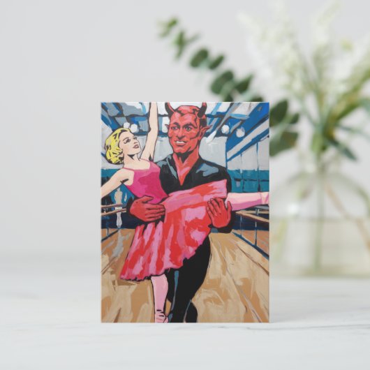 Retro Art Devil met danser in een rode roze jurk Briefkaart (Staand voorkant)