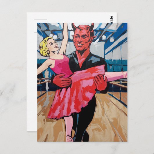 Retro Art Devil met danser in een rode roze jurk Briefkaart (Voorkant / Achterkant)