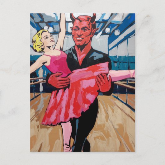 Retro Art Devil met danser in een rode roze jurk Briefkaart (Voorkant)