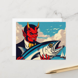 Retro Art Devil Met Een Tunafish Op Het Strand Briefkaart