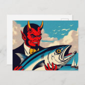 Retro Art Devil Met Een Tunafish Op Het Strand Briefkaart (Voorkant / Achterkant)