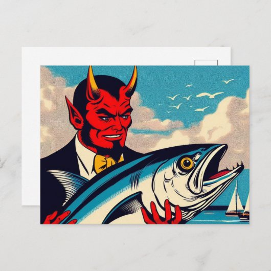 Retro Art Devil Met Een Tunafish Op Het Strand Briefkaart (Voorkant / Achterkant)