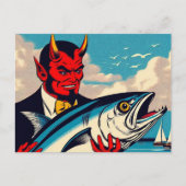 Retro Art Devil Met Een Tunafish Op Het Strand Briefkaart (Voorkant)