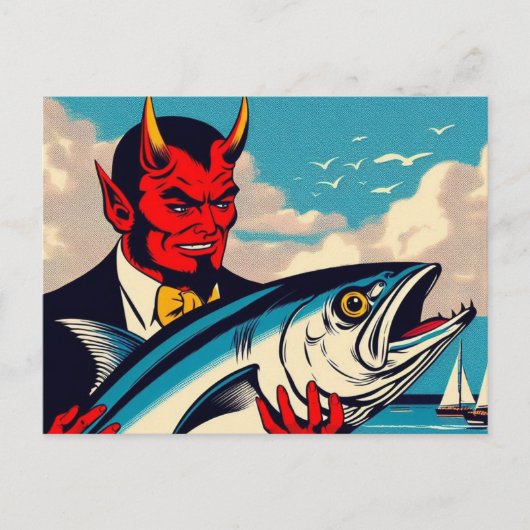 Retro Art Devil Met Een Tunafish Op Het Strand Briefkaart (Voorkant)