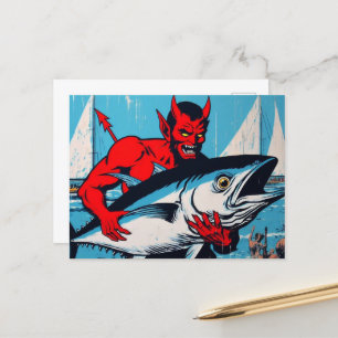 Retro Art Devil met een Tunafish op het strand Gru Briefkaart