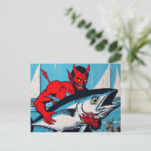 Retro Art Devil met een Tunafish op het strand Gru Briefkaart (Staand voorkant)