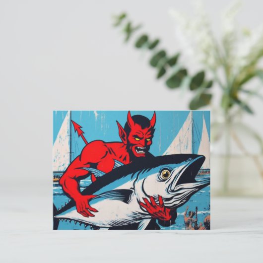 Retro Art Devil met een Tunafish op het strand Gru Briefkaart (Staand voorkant)
