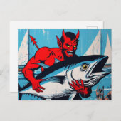 Retro Art Devil met een Tunafish op het strand Gru Briefkaart (Voorkant / Achterkant)