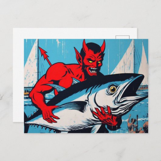 Retro Art Devil met een Tunafish op het strand Gru Briefkaart (Voorkant / Achterkant)