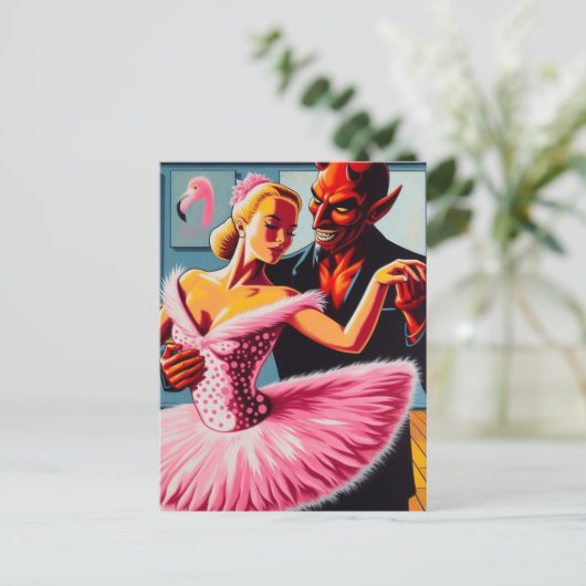 Retro Art Devil met flamingo danser Briefkaart (Staand voorkant)