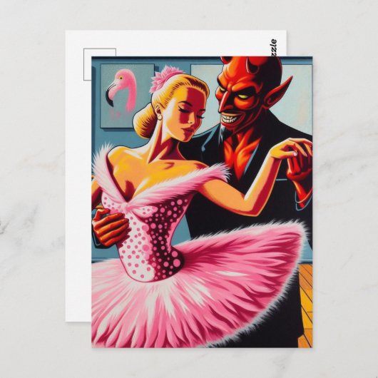 Retro Art Devil met flamingo danser Briefkaart (Voorkant / Achterkant)