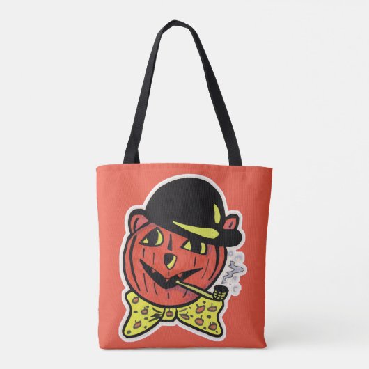 Retro Art Jack-O-Lantern Kat Halloween Pompoen Tote Bag (Achterkant)