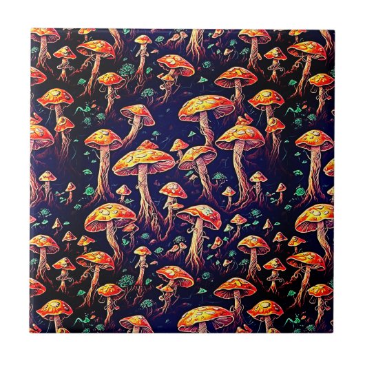 Retro Art Mushrooms - Bioluminescent Dreamscape Tegeltje (Voorkant)