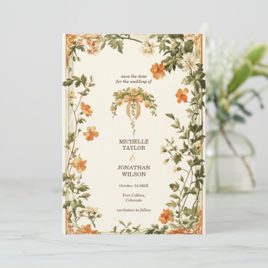 Retro Art Nouveau Botanical Save the Date Kaart (Staand voorkant)