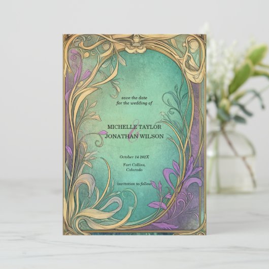 Retro Art Nouveau Botanical Save the Date Kaart (Staand voorkant)