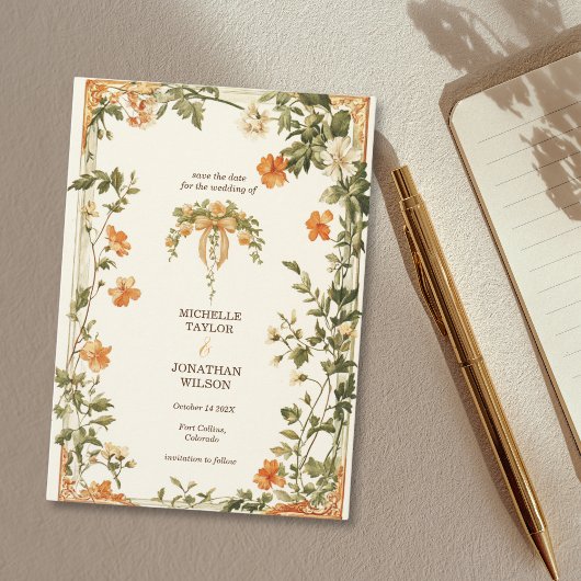  Retro Art Nouveau Botanical Save the Date Kaart