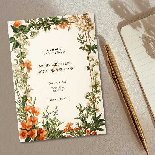 Retro Art Nouveau Botanical Save the Date Kaart