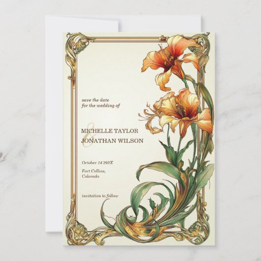 Retro Art Nouveau Botanical Save the Date Kaart (Voorkant)