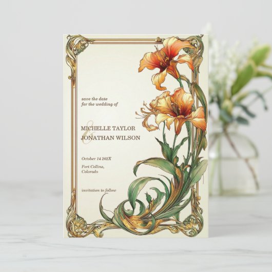  Retro Art Nouveau Botanical Save the Date Kaart (Staand voorkant)