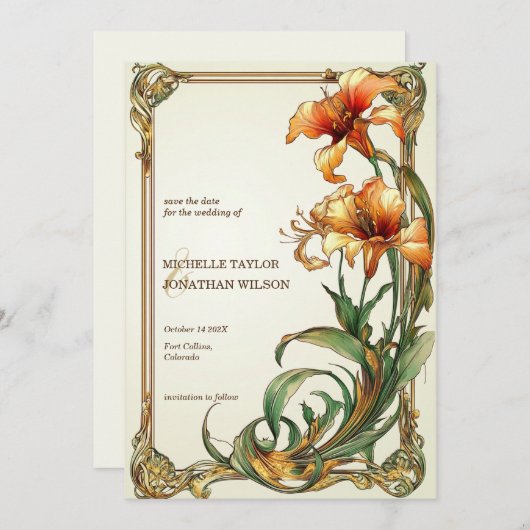 Retro Art Nouveau Botanical Save the Date Kaart (Voorkant / Achterkant)