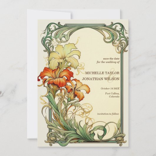 Retro Art Nouveau Botanical Save the Date Kaart (Voorkant)