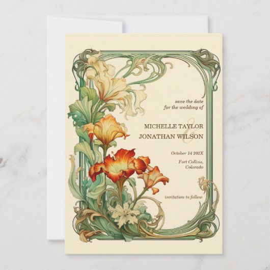  Retro Art Nouveau Botanical Save the Date Kaart (Voorkant)