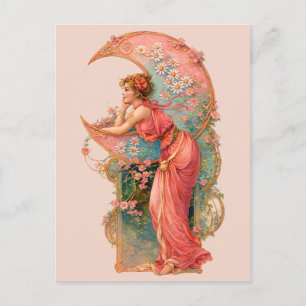 Retro Art Nouveau Vrouw & Halve Maan Briefkaart