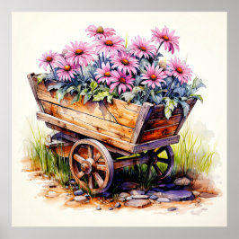 Retro Aster Bloemen In Een Houten Wagon Poster