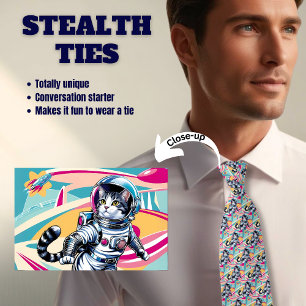 Retro Astronaut Cat Mannen Stealth Stropdas
