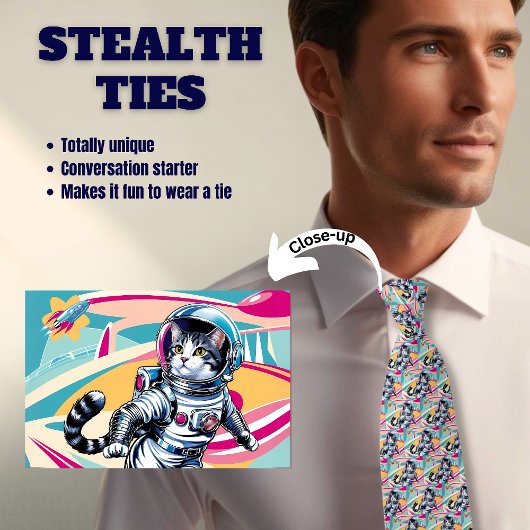 Retro Astronaut Kat Mannen Stealth Stropdas